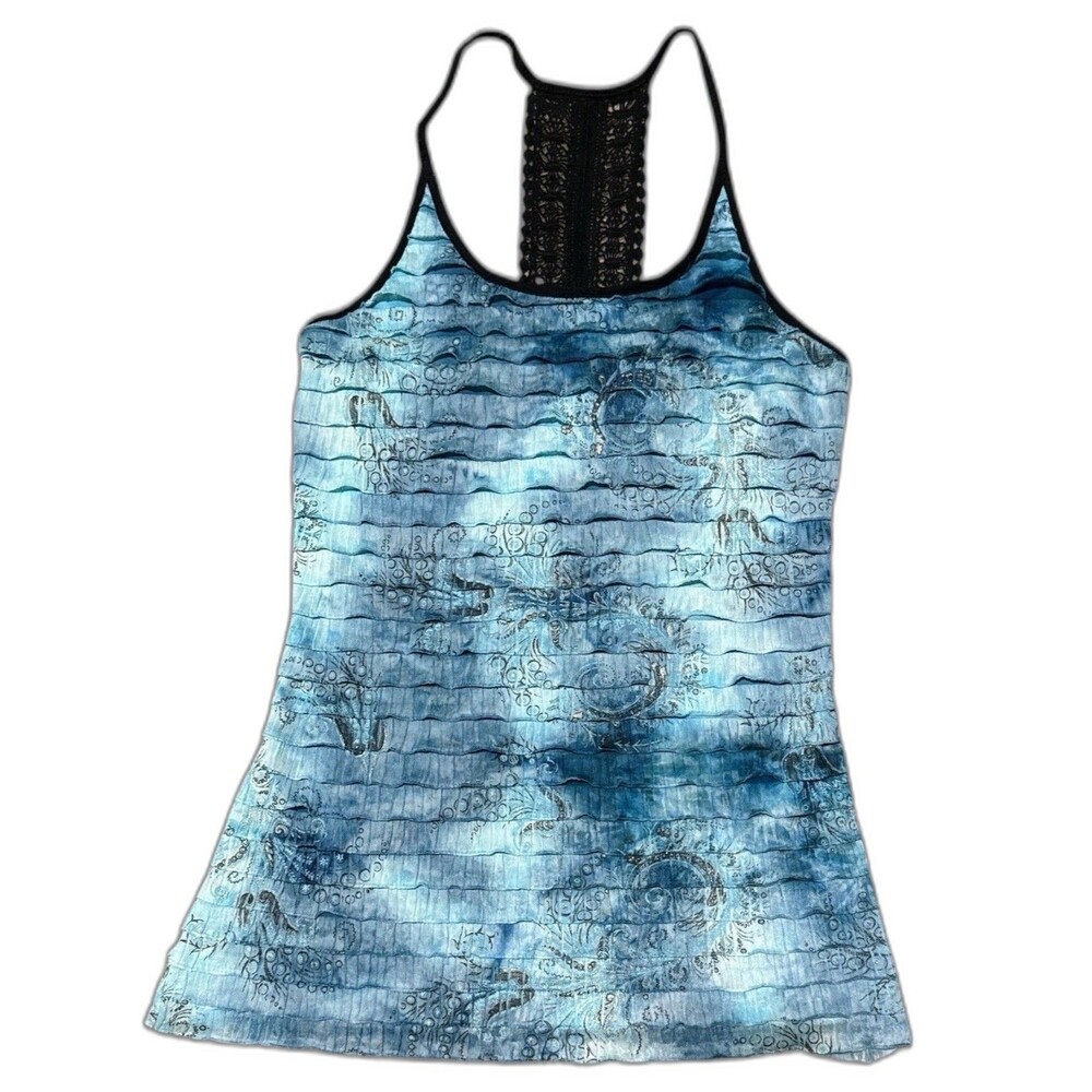 Studio Y Y2K Blue Black Lace Tank Top Women’s Medium Ruched Ruffle Cami